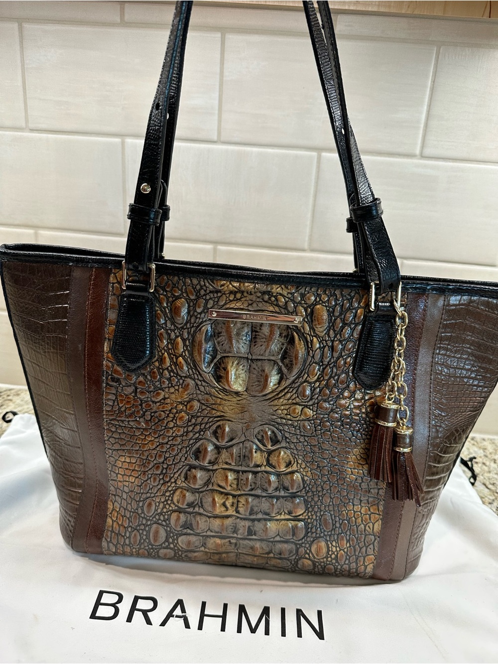 Brahmin Brown and Black Croc-Embossed Tote with Tassel Charm